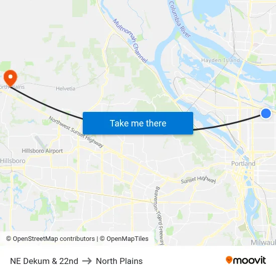 NE Dekum & 22nd to North Plains map