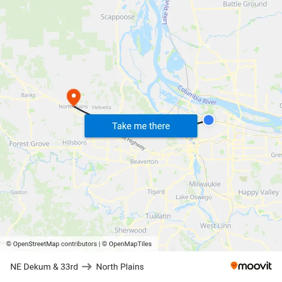 NE Dekum & 33rd to North Plains map