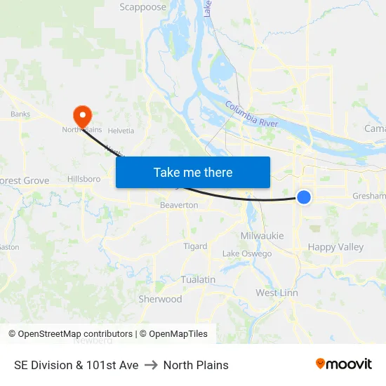 SE Division & 101st Ave to North Plains map