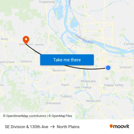 SE Division & 130th Ave to North Plains map