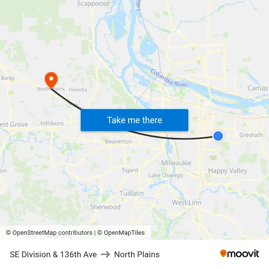 SE Division & 136th Ave to North Plains map