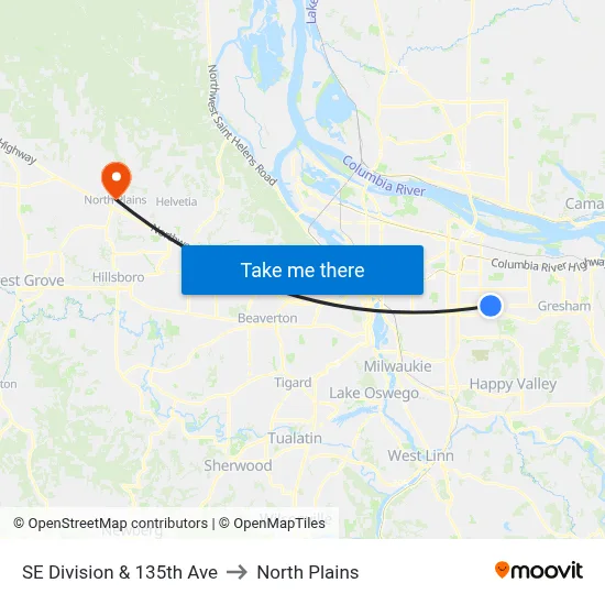 SE Division & 135th Ave to North Plains map