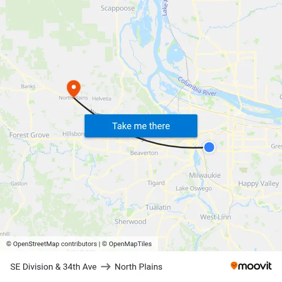SE Division & 34th Ave to North Plains map