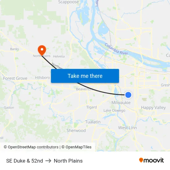 SE Duke & 52nd to North Plains map
