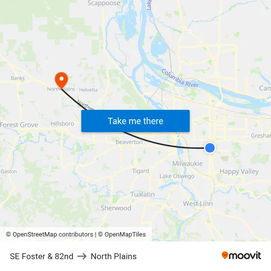 SE Foster & 82nd to North Plains map