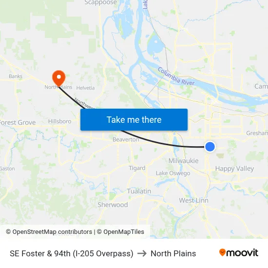 SE Foster & 94th (I-205 Overpass) to North Plains map