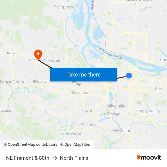 NE Fremont & 80th to North Plains map
