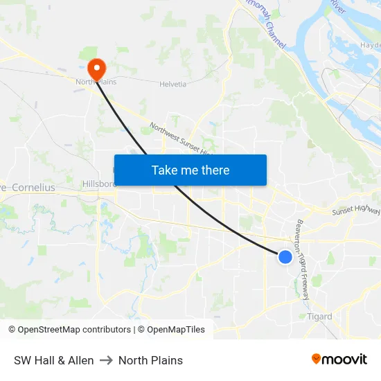 SW Hall & Allen to North Plains map