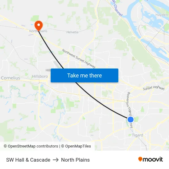 SW Hall & Cascade to North Plains map