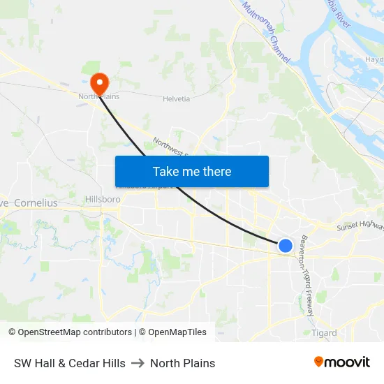 SW Hall & Cedar Hills to North Plains map