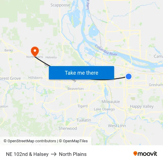 NE 102nd & Halsey to North Plains map