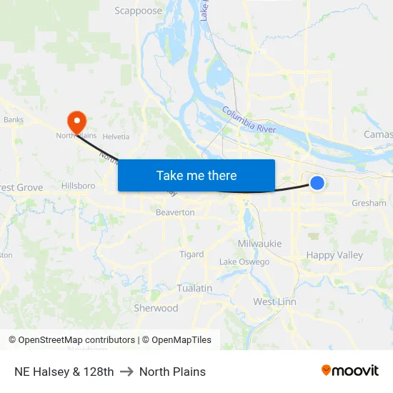 NE Halsey & 128th to North Plains map