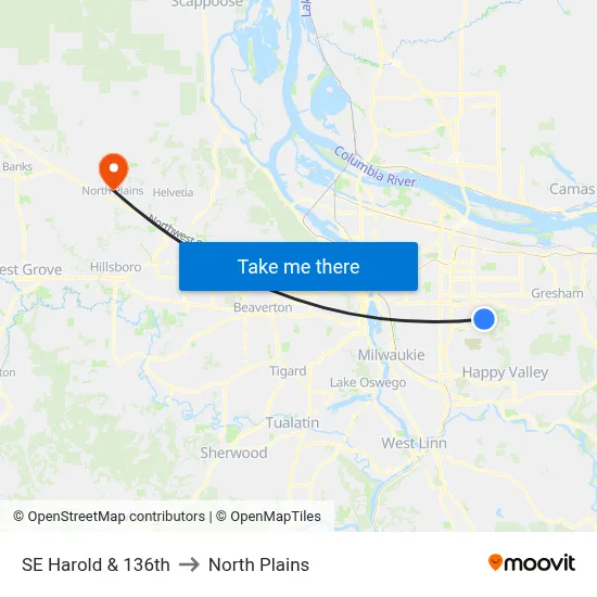 SE Harold & 136th to North Plains map