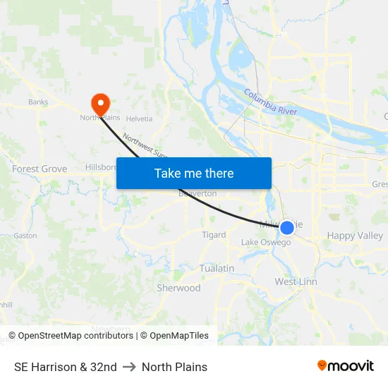 SE Harrison & 32nd to North Plains map
