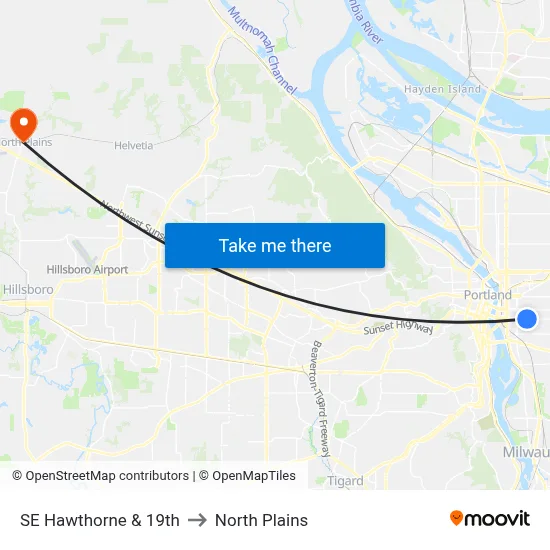 SE Hawthorne & 19th to North Plains map