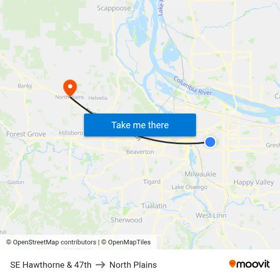 SE Hawthorne & 47th to North Plains map