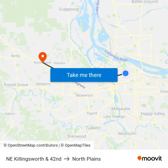 NE Killingsworth & 42nd to North Plains map