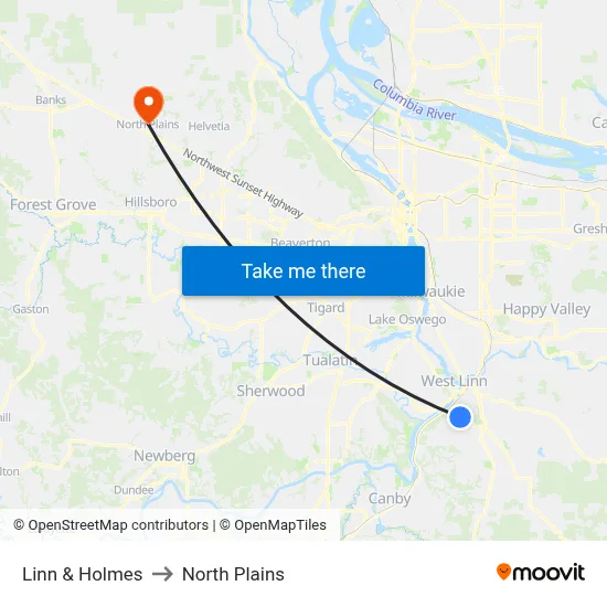 Linn & Holmes to North Plains map