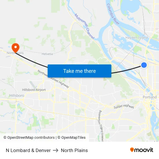 N Lombard & Denver to North Plains map