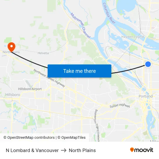 N Lombard & Vancouver to North Plains map