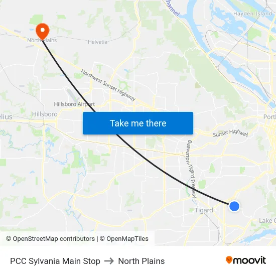 PCC Sylvania Main Stop to North Plains map