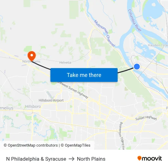 N Philadelphia & Syracuse to North Plains map
