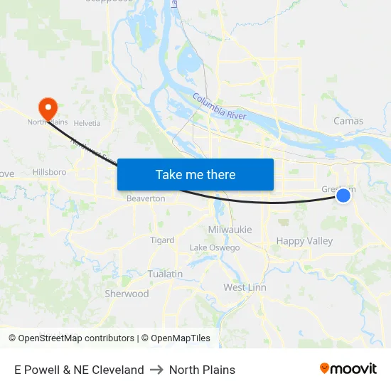 E Powell & NE Cleveland to North Plains map