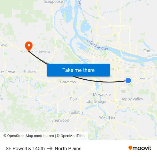 SE Powell & 145th to North Plains map