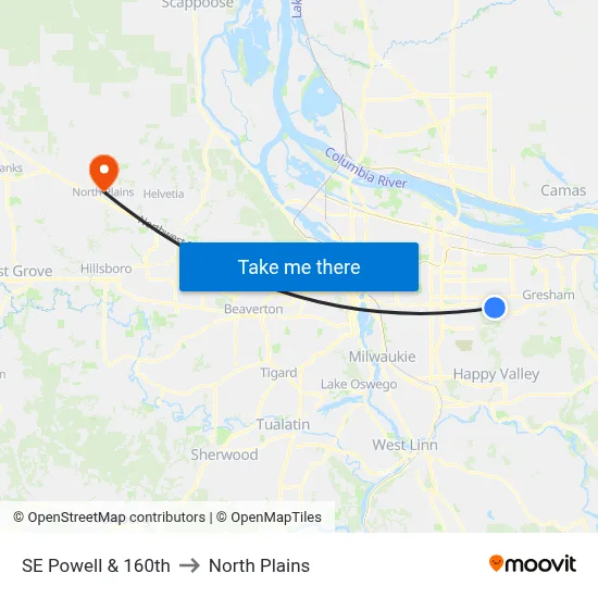 SE Powell & 160th to North Plains map