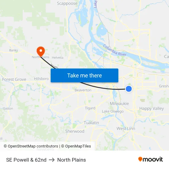 SE Powell & 62nd to North Plains map