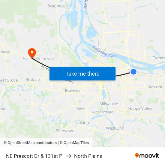 NE Prescott Dr & 131st Pl to North Plains map