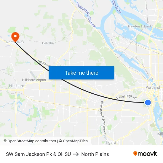 SW Sam Jackson Pk & OHSU to North Plains map