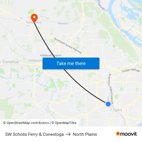 SW Scholls Ferry & Conestoga to North Plains map