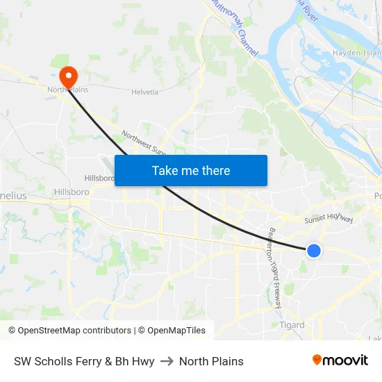 SW Scholls Ferry & Bh Hwy to North Plains map