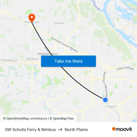 SW Scholls Ferry & Nimbus to North Plains map