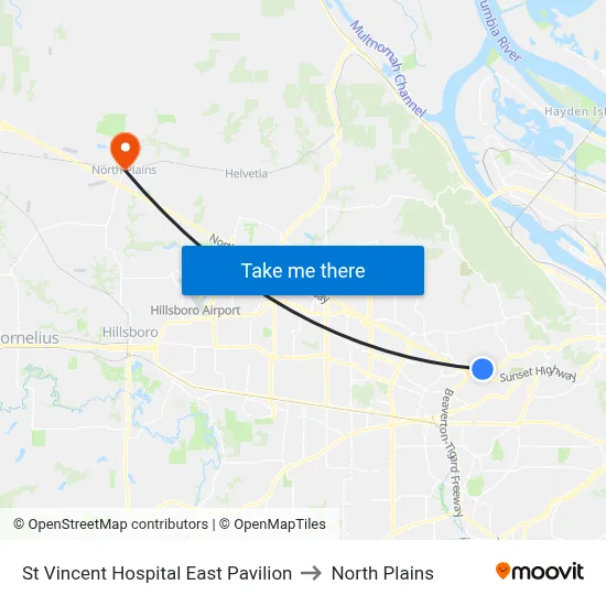 St Vincent Hospital East Pavilion to North Plains map
