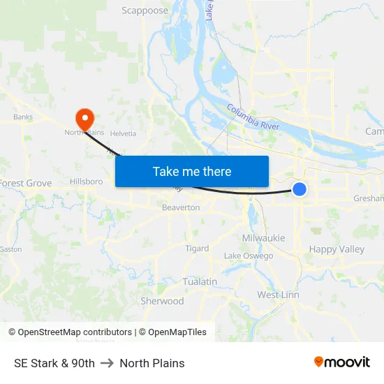 SE Stark & 90th to North Plains map