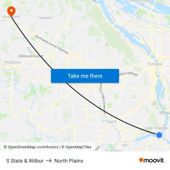 S State & Wilbur to North Plains map