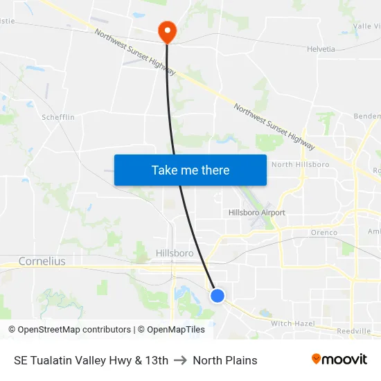 SE Tualatin Valley Hwy & 13th to North Plains map