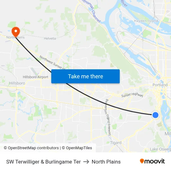 SW Terwilliger & Burlingame Ter to North Plains map