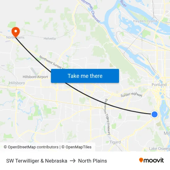 SW Terwilliger & Nebraska to North Plains map