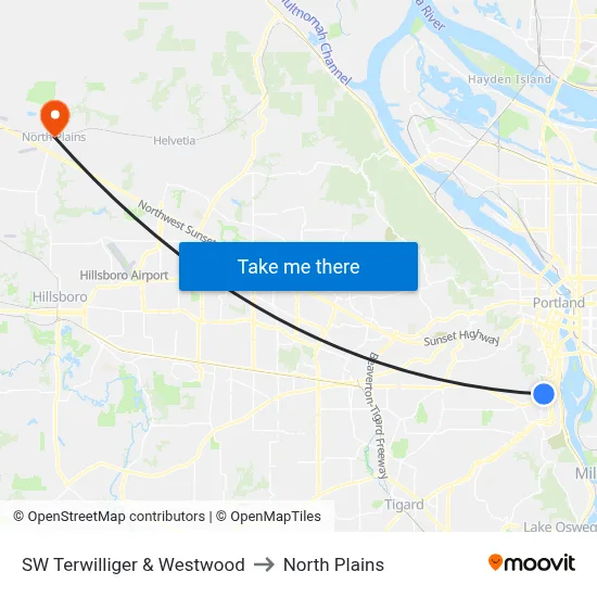 SW Terwilliger & Westwood to North Plains map