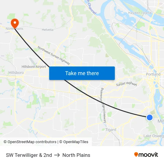SW Terwilliger & 2nd to North Plains map