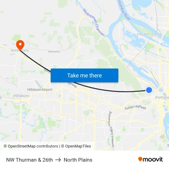 NW Thurman & 26th to North Plains map