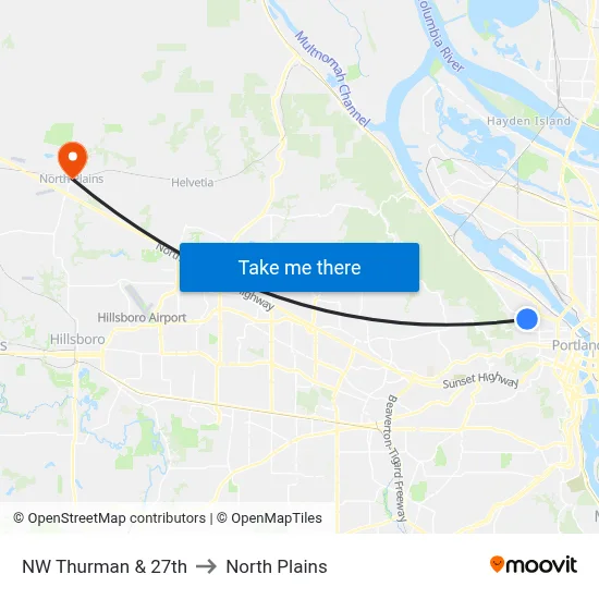 NW Thurman & 27th to North Plains map