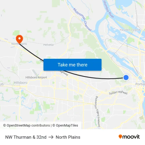 NW Thurman & 32nd to North Plains map