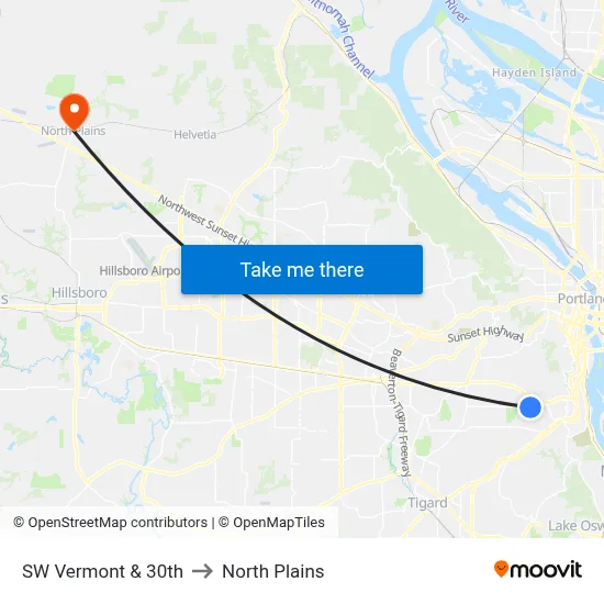 SW Vermont & 30th to North Plains map