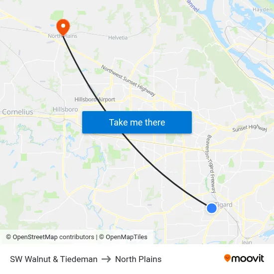 SW Walnut & Tiedeman to North Plains map