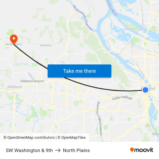 SW Washington & 9th to North Plains map