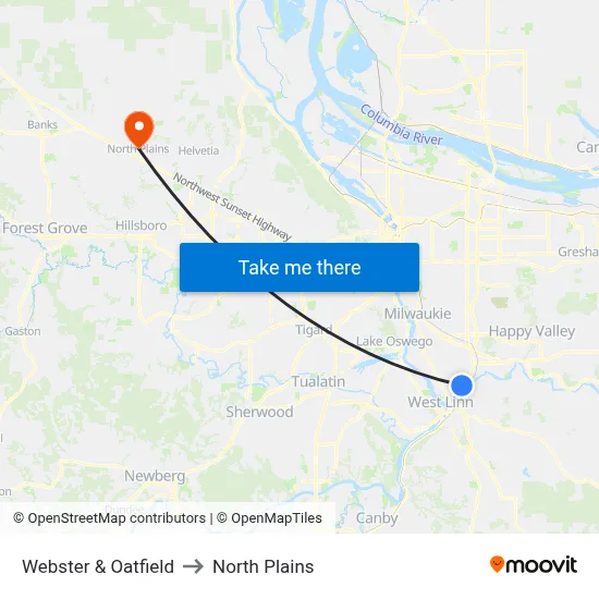 Webster & Oatfield to North Plains map